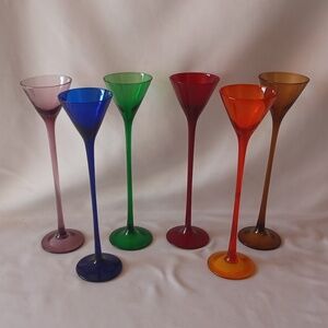 Set Of 6 Colorful Bombay Company Hand-Blown Glass Long Stem Cordial Shot Glasses